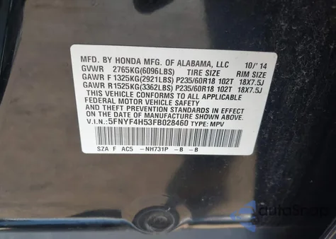 2015 Honda Pilot Ex-L z USA, uszkodzony, nr VIN 5FNYF4H53FB028460